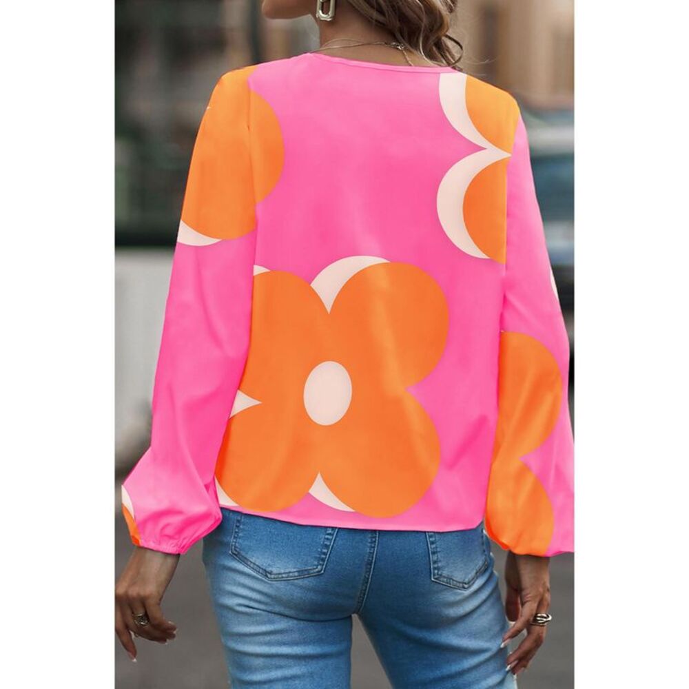 Azura Exchange Bonbon Floral Print Notched V Neck Blouse - Picture 3 of 5